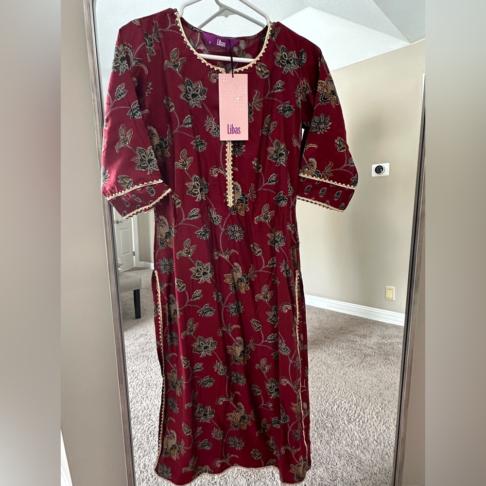 Libas Maroon Printed Silk Blend Suit Set